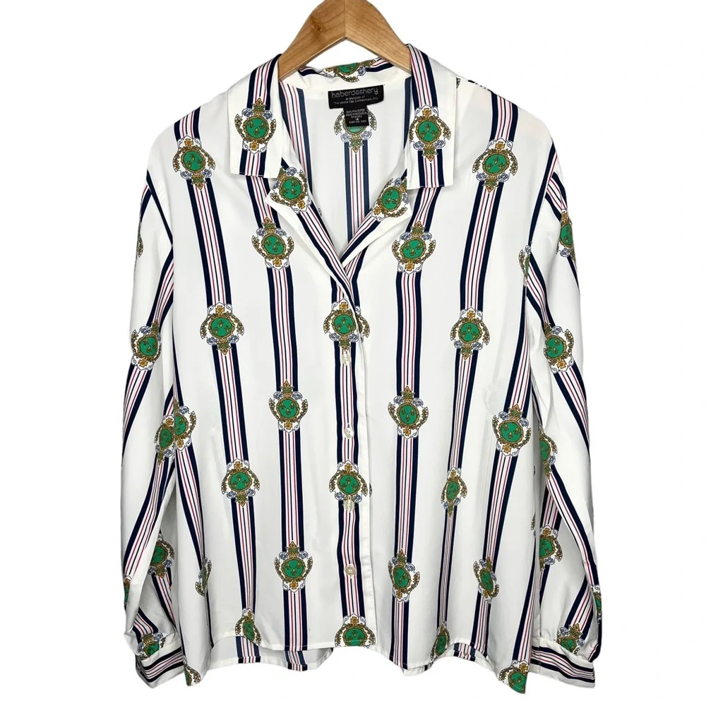 Haberdashery stripe with crest detail button down Blouse Sz 16 - Picture 1 of 5